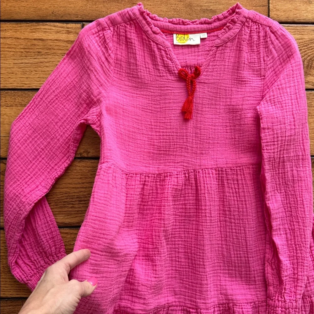 Boden Girls Pink Tiered Gauzy Cotton Dress 11-12y Pockets Long Sleeve Bow Detail